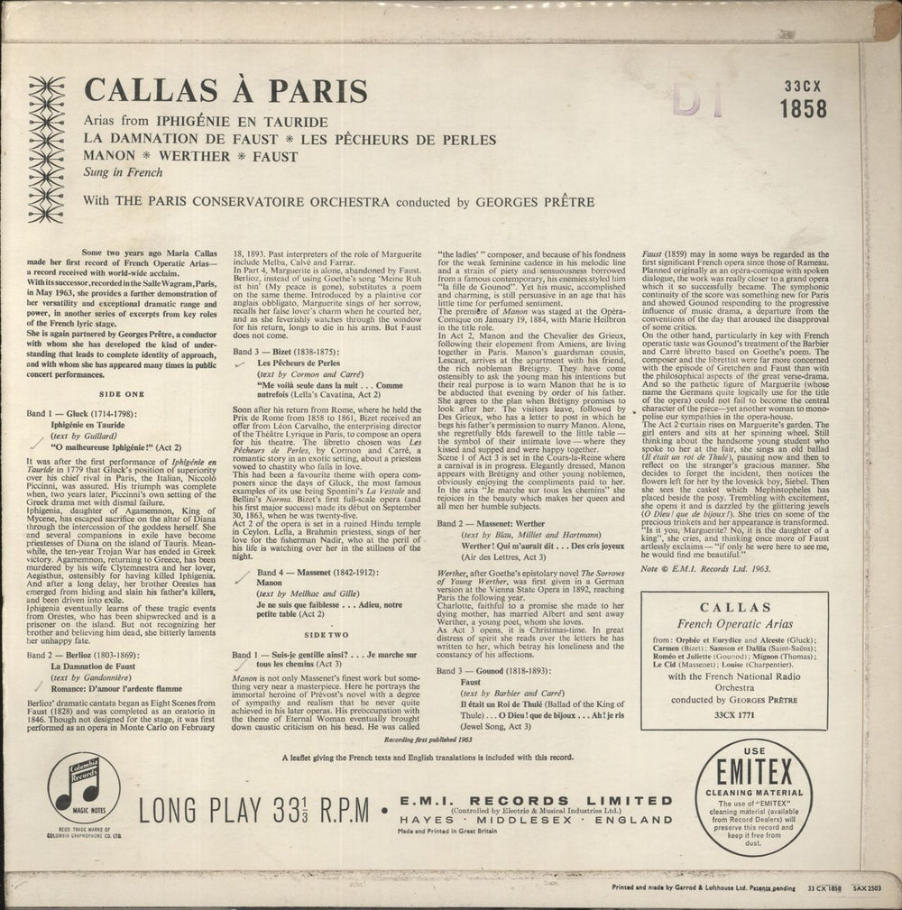 Maria Callas Callas À Paris UK vinyl LP album (LP record)