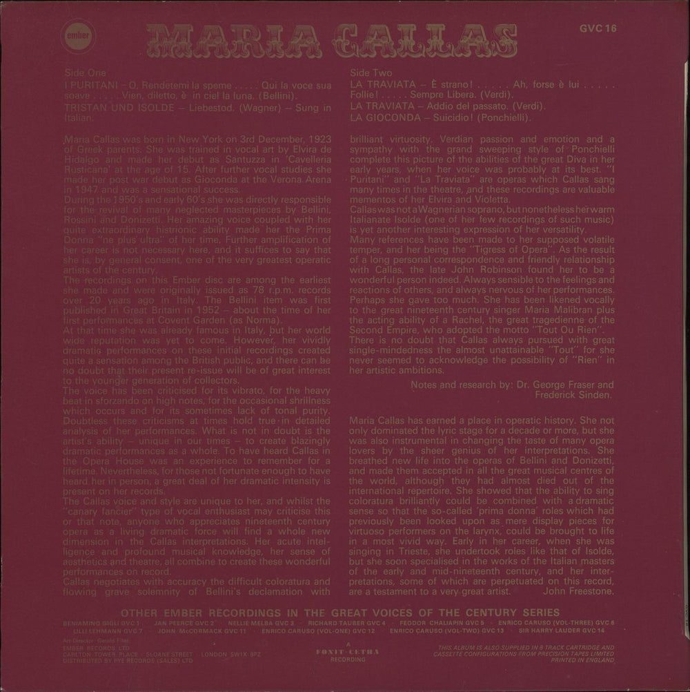 Maria Callas Maria Callas UK vinyl LP album (LP record)