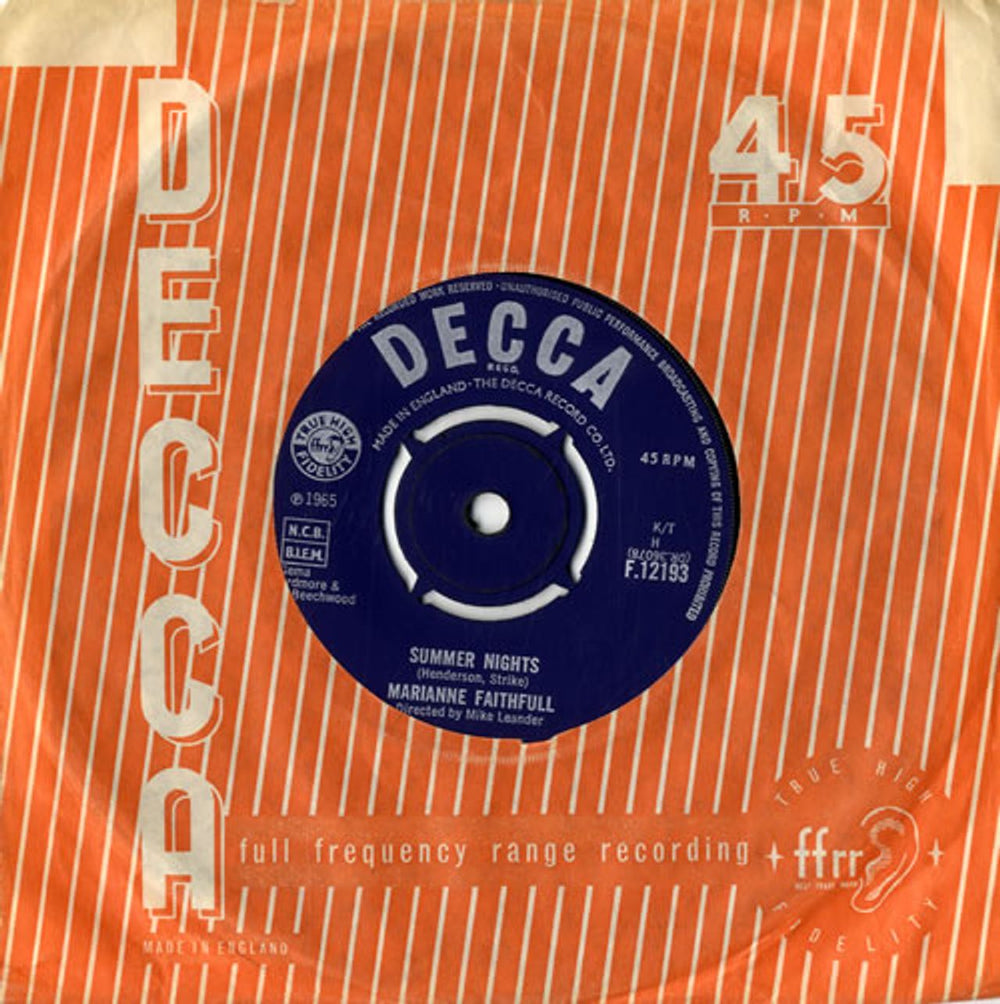 Marianne Faithfull Summer Nights UK 7" vinyl single (7 inch record / 45) F.12193