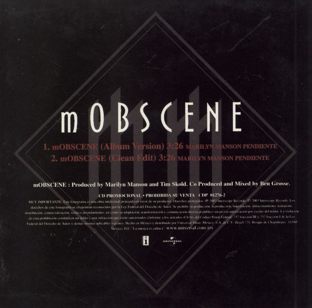 Marilyn Manson Mobscene Mexican Promo CD single (CD5 / 5") MYMC5MO242849