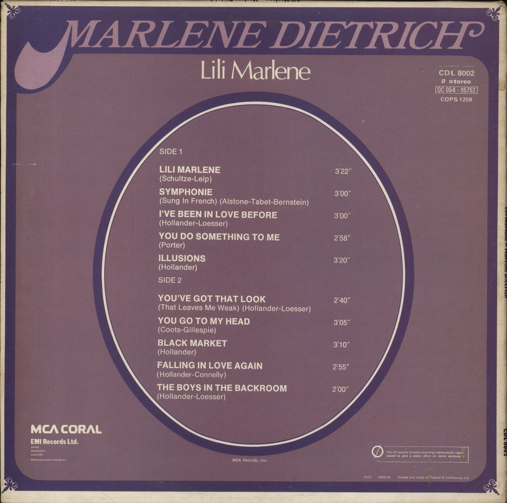 Marlene Dietrich Lili Marlene UK vinyl LP album (LP record)