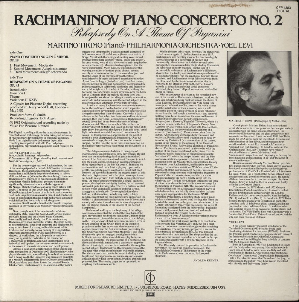 Martino Tirimo Rachmaninov: Piano Concerto No. 2 / Rhapsody On A Theme Of Paganini UK vinyl LP album (LP record)