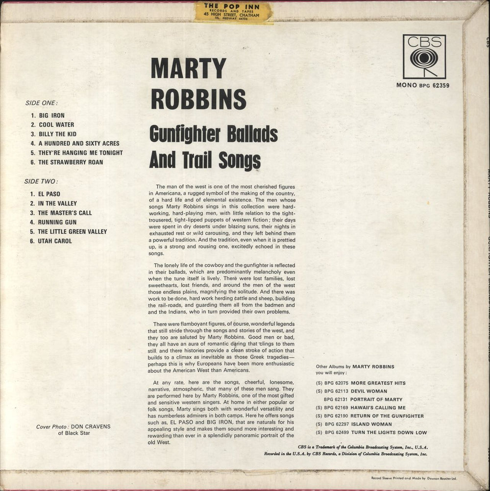 Marty Robbins Gunfighter Ballads And Trail Songs UK vinyl LP album (LP record)