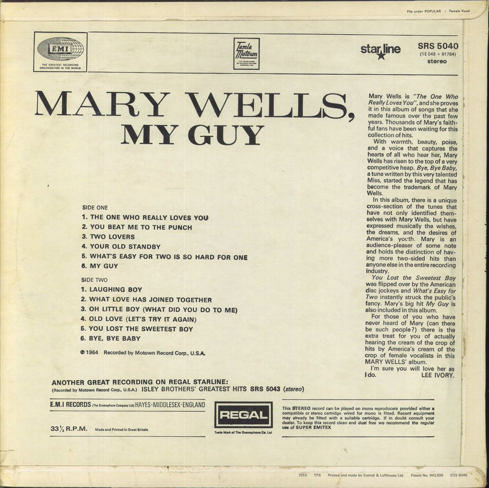 Mary Wells My Guy UK vinyl LP album (LP record)