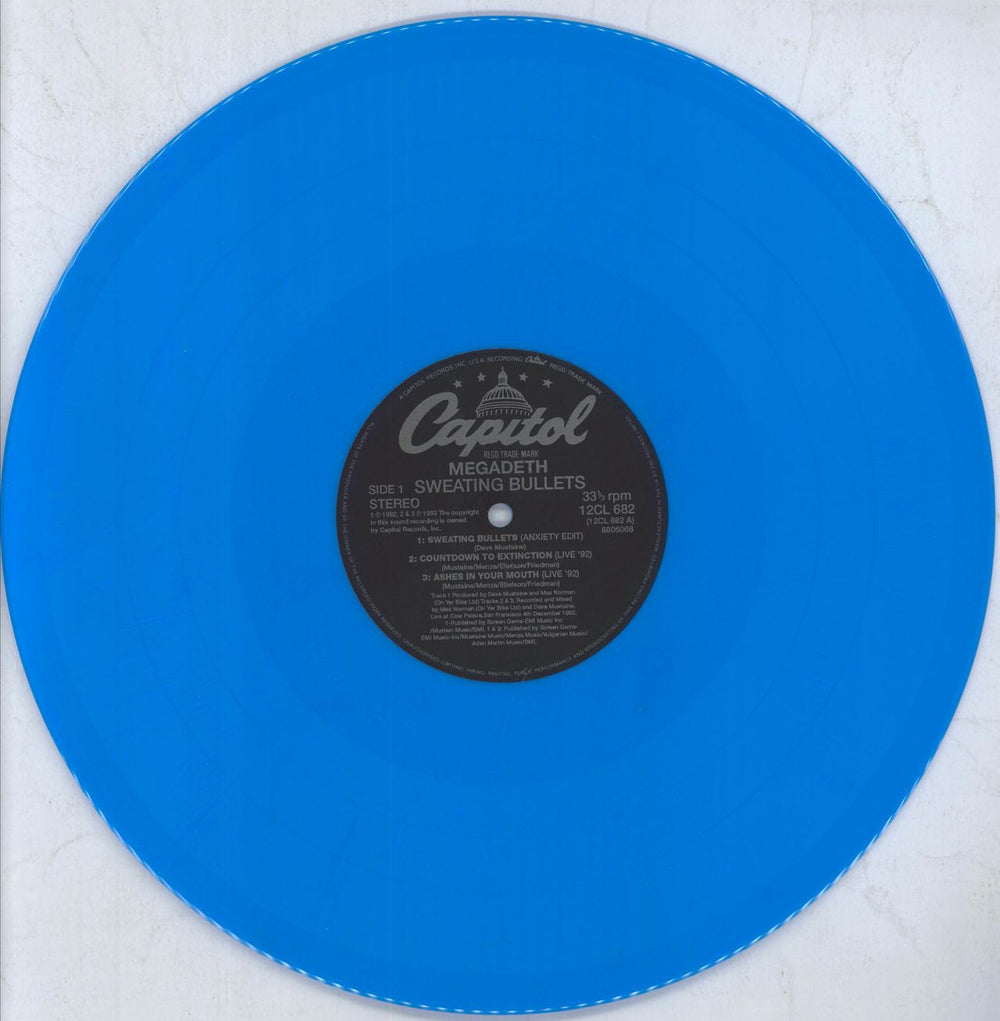 Megadeth Sweating Bullets - Blue Vinyl - EX UK 12" vinyl single (12 inch record / Maxi-single) MEG12SW821230