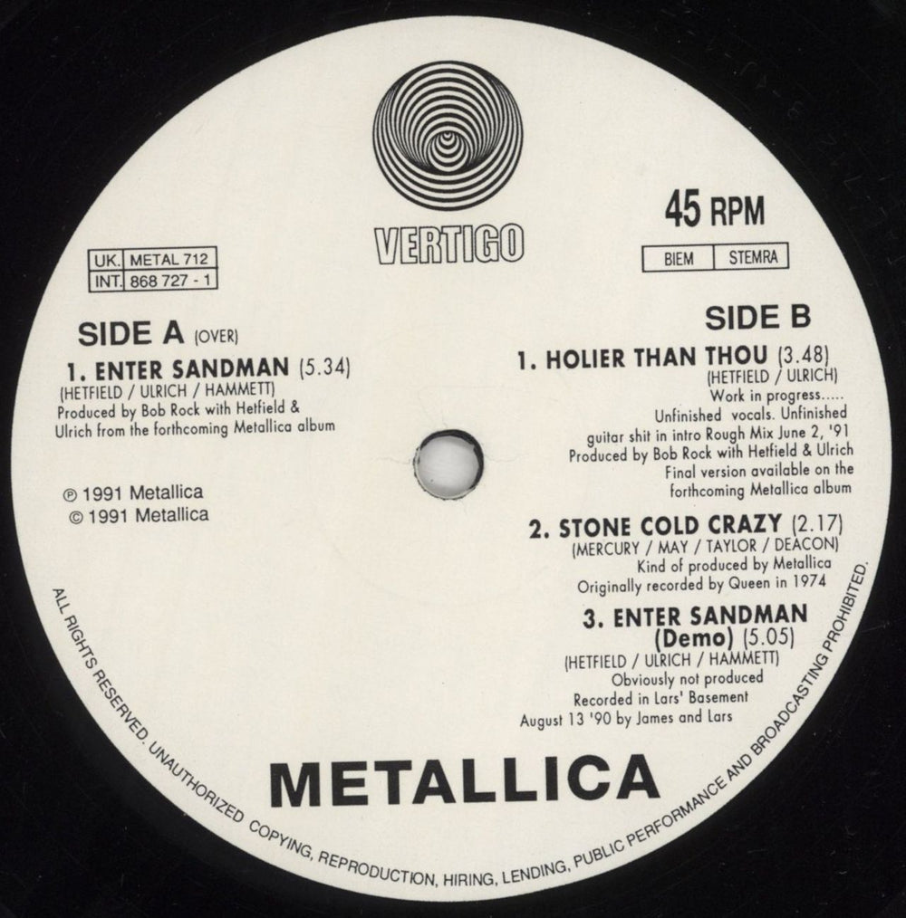 Metallica Enter Sandman UK 12" vinyl single (12 inch record / Maxi-single) MET12EN25783