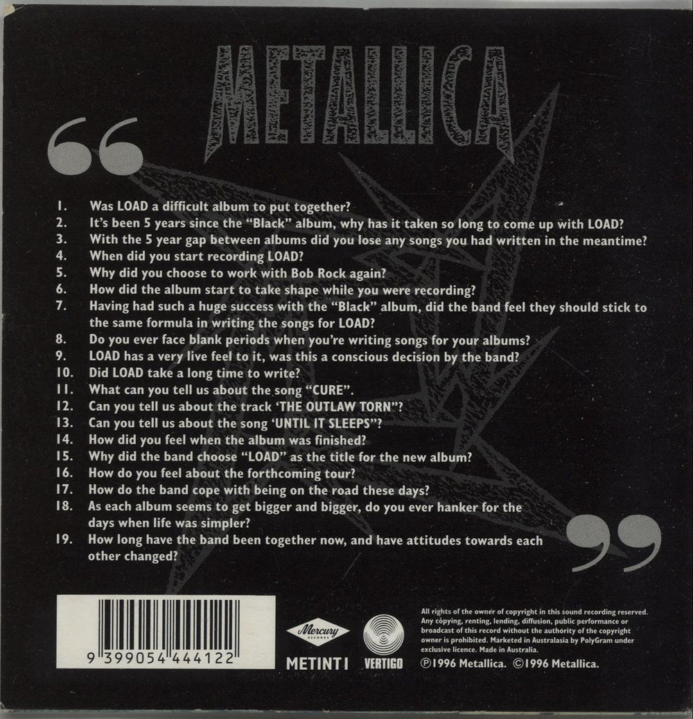 Metallica The Interview The Questions Australian Promo CD album (CDLP) METCDTH86891