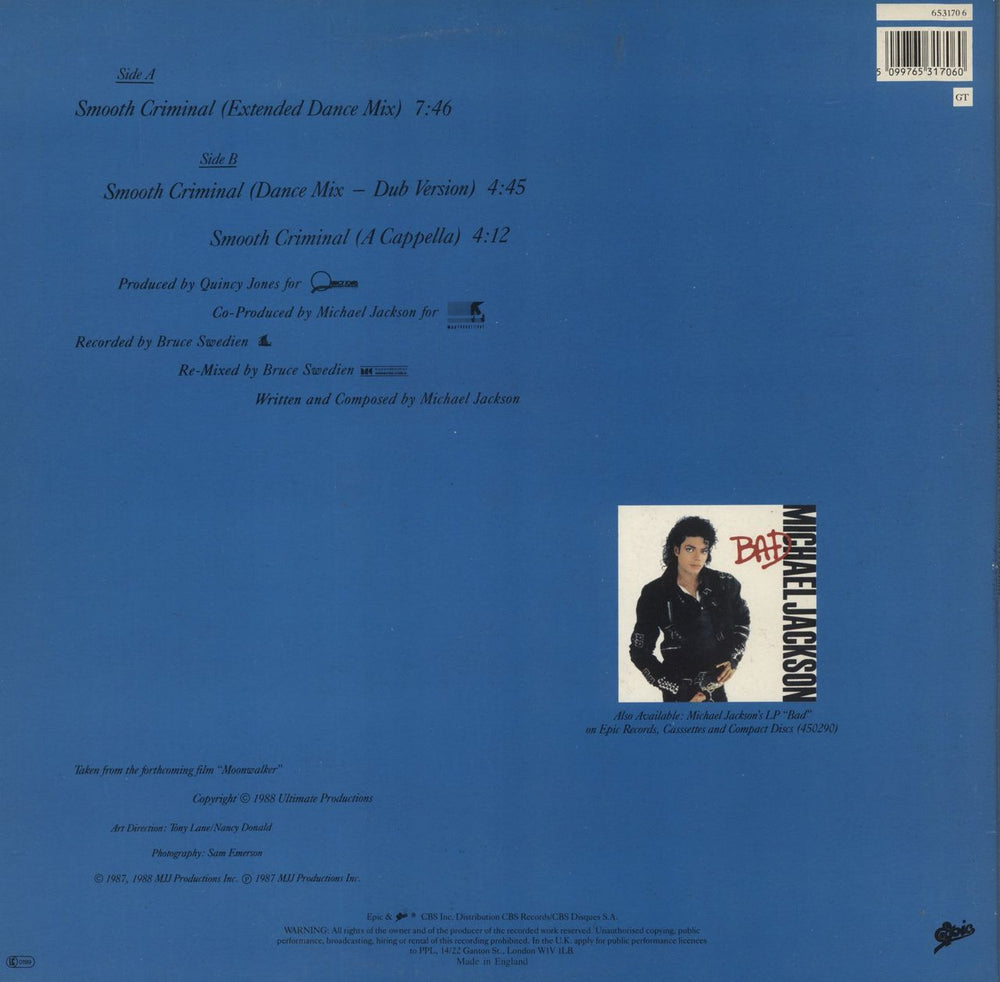 Michael Jackson Smooth Criminal - Calendar - EX UK 12" vinyl single (12 inch record / Maxi-single) 5099765317060