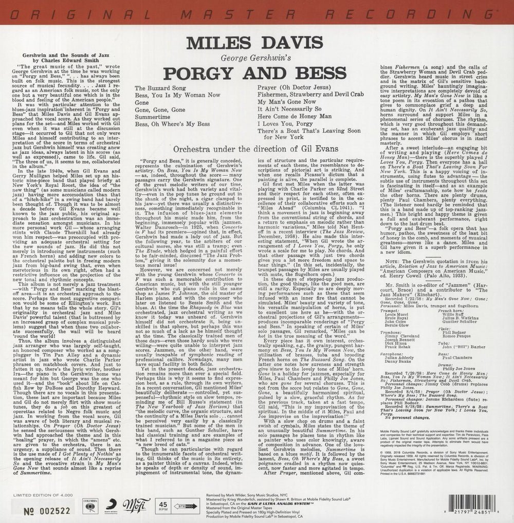 Miles Davis Porgy And Bess - Original Master Recording 180 Gram 45RPM US 2-LP vinyl record set (Double LP Album) 821797248518