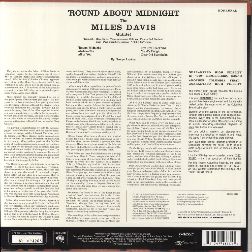 Miles Davis Round About Midnight - Original Master Recording 180 Gram Mono US vinyl LP album (LP record) 821797137317