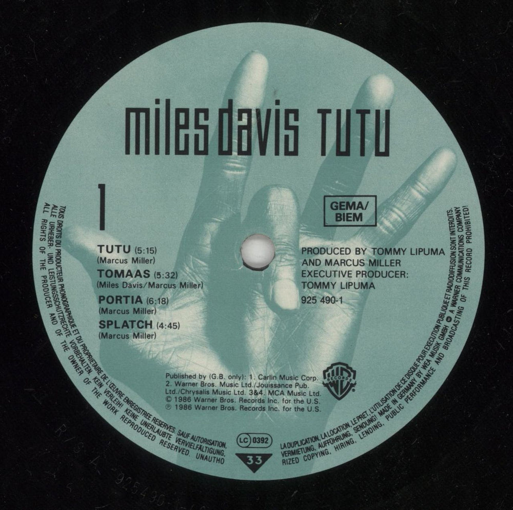 Miles Davis Tutu + Inner German vinyl LP album (LP record) MDALPTU314144
