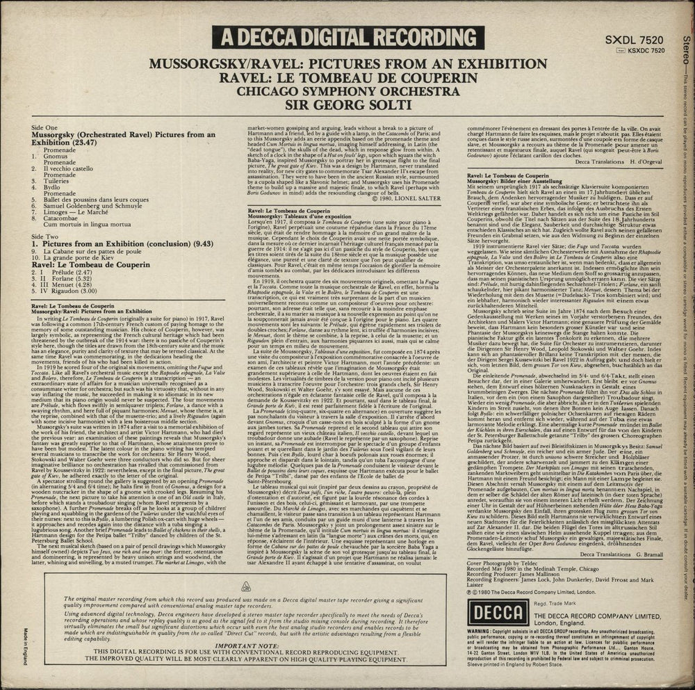 Modest Petrovich Mussorgsky Mussorgsky: Pictures From An Exhibition / Le Tombeau De Couperin UK vinyl LP album (LP record)