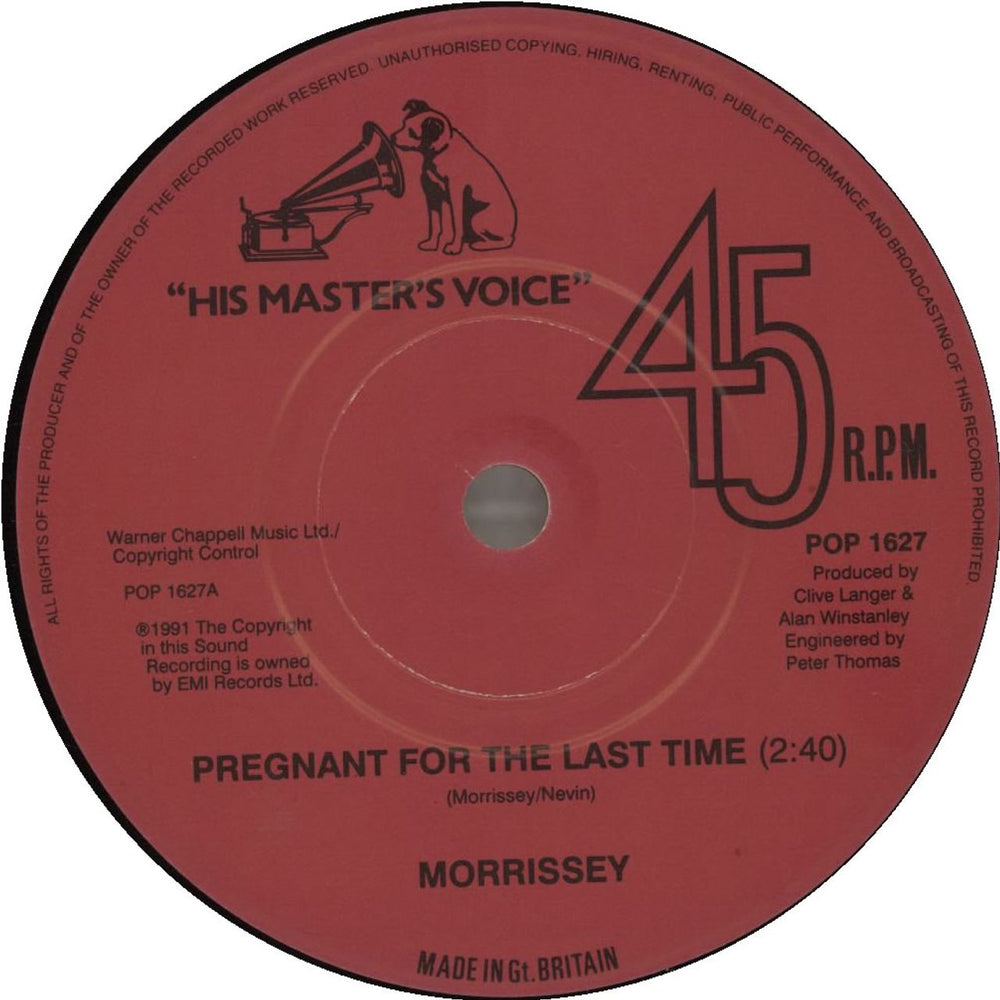 Morrissey Pregnant For The Last Time - Solid UK 7" vinyl single (7 inch record / 45) MOR07PR19803