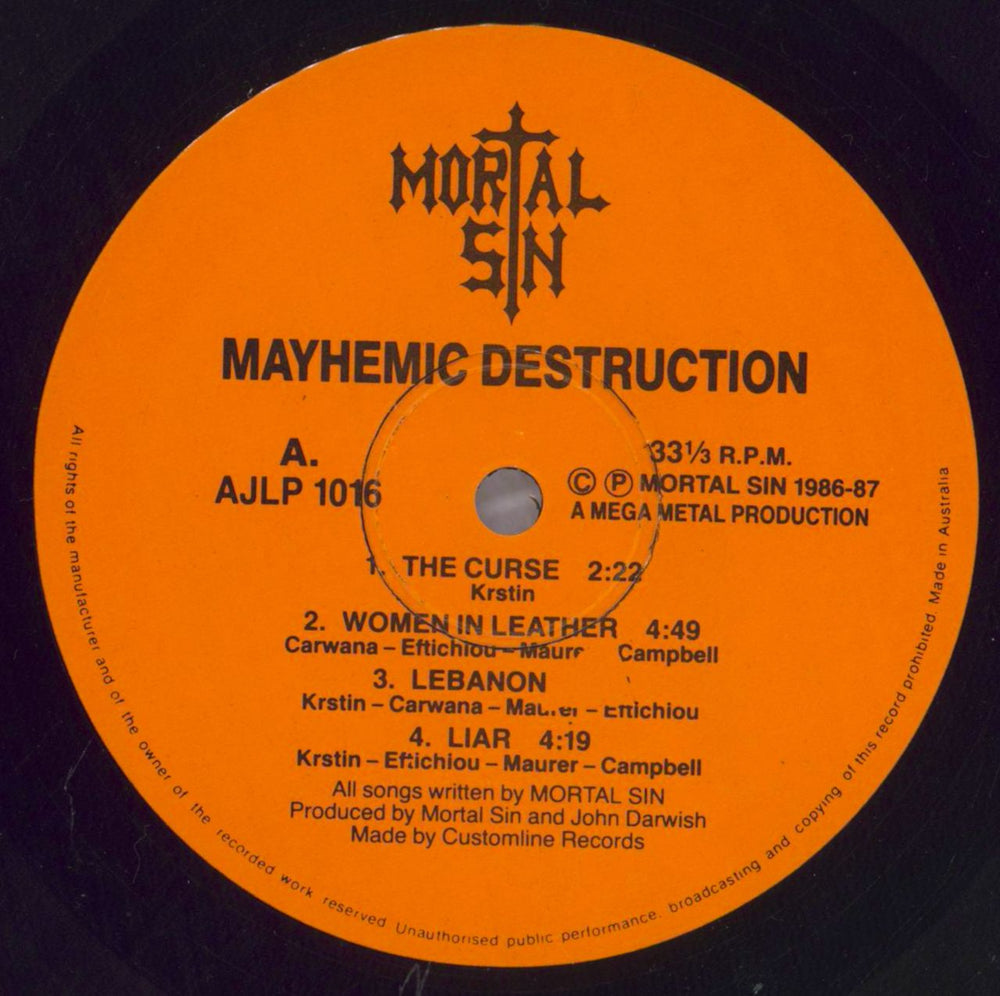 Mortal Sin Mayhemic Destruction Australian vinyl LP album (LP record) MDFLPMA391817