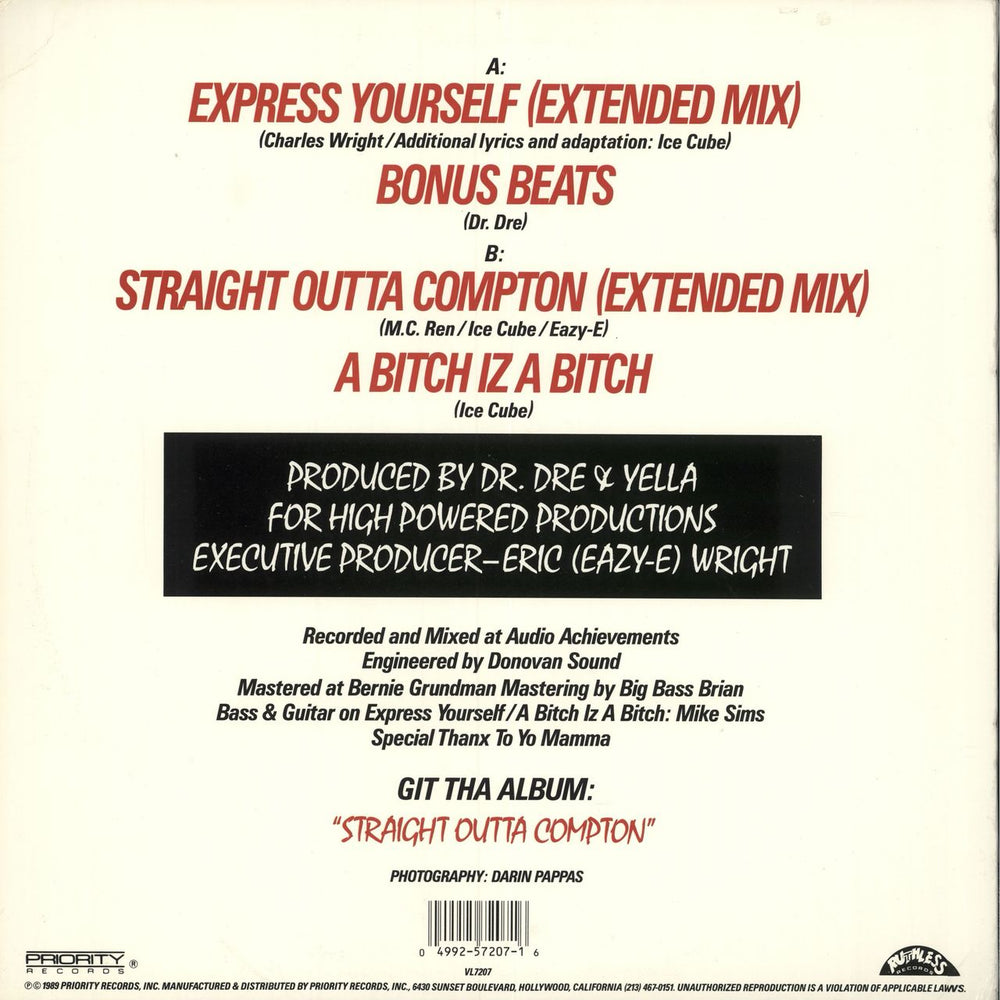 N.W.A. Express Yourself US 12" vinyl single (12 inch record / Maxi-single) 049925720716