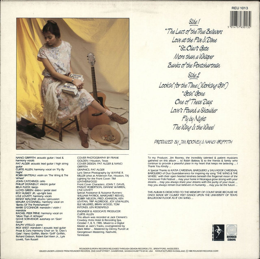 Nanci Griffith The Last Of The True Believers + lyric insert UK vinyl LP album (LP record) 5014757630132