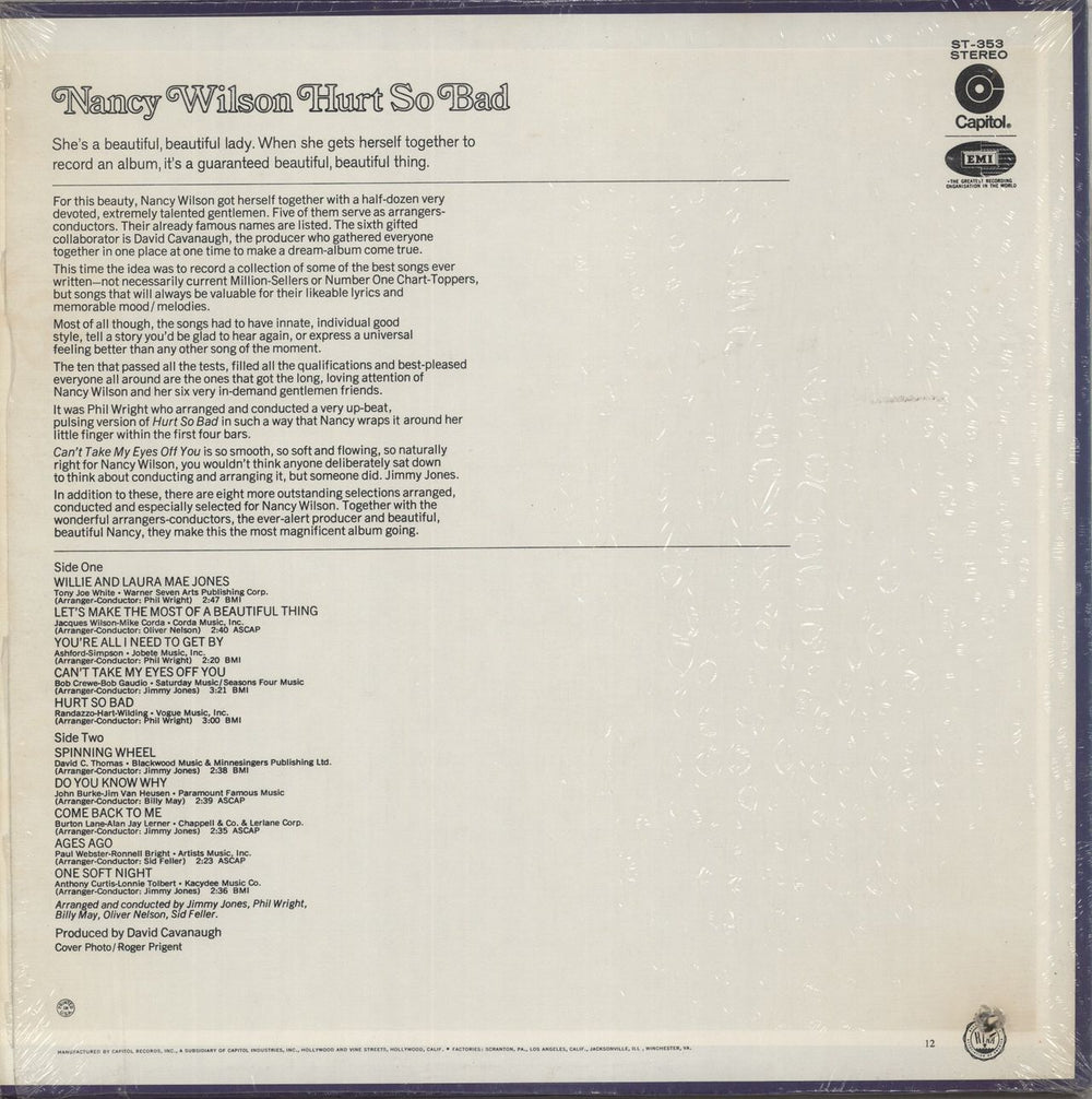 Nancy Wilson (Jazz) Hurt So Bad US vinyl LP album (LP record)