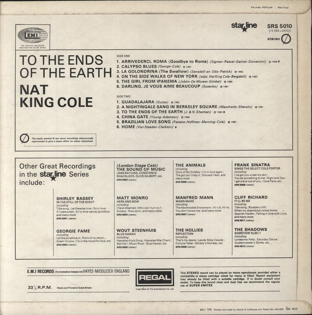 Nat King Cole To The Ends Of The Earth UK vinyl LP album (LP record)