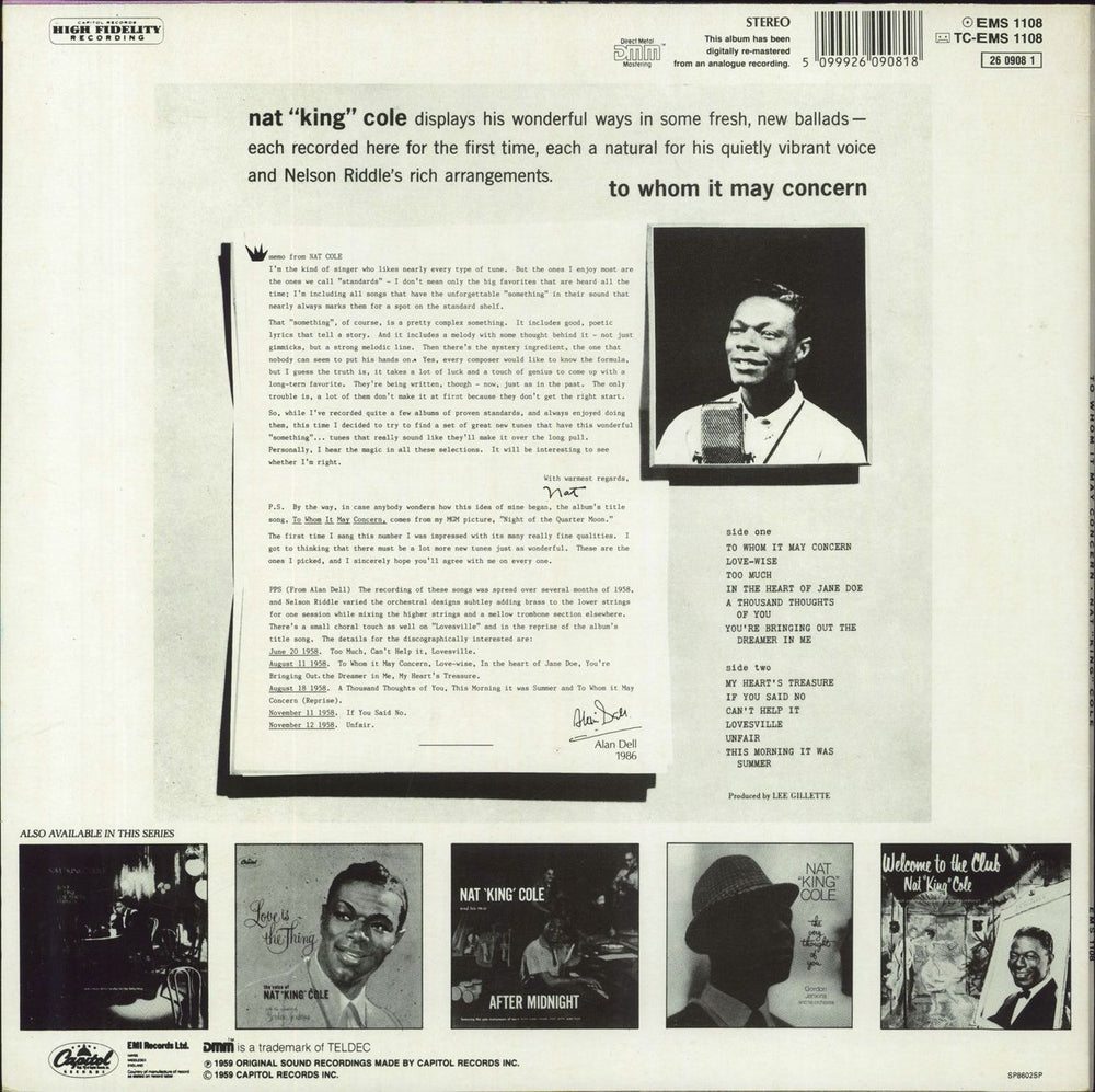 Nat King Cole To Whom It May Concern UK vinyl LP album (LP record) 5099926090818