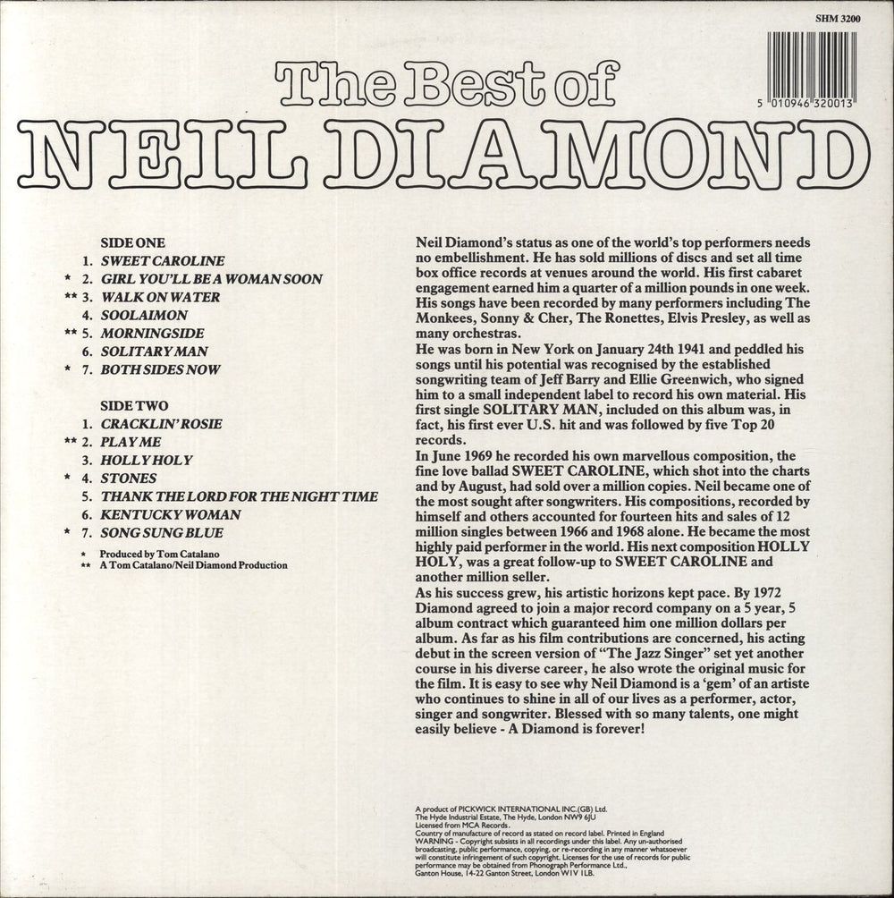 Neil Diamond The Best Of Neil Diamond UK vinyl LP album (LP record) 5010946320013