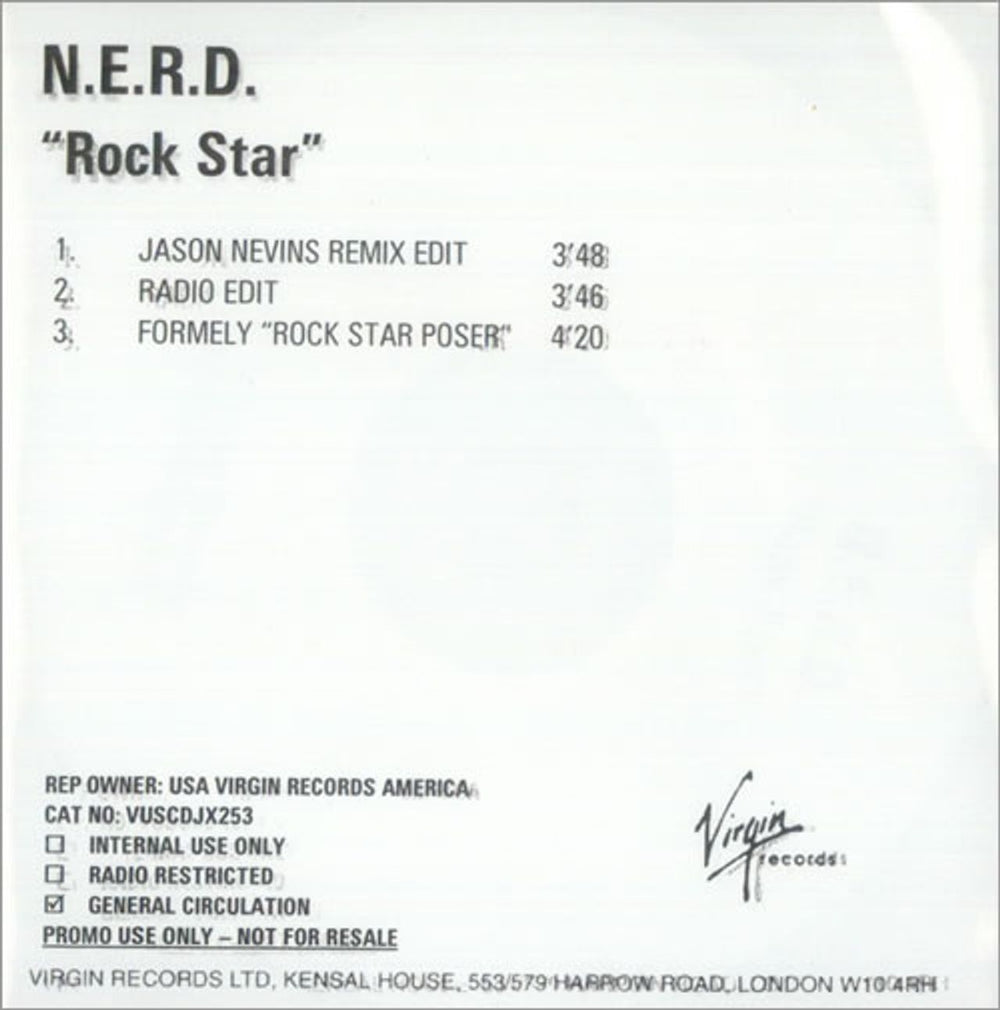 NERD Rock Star UK Promo CD-R acetate CD-R ACETATE