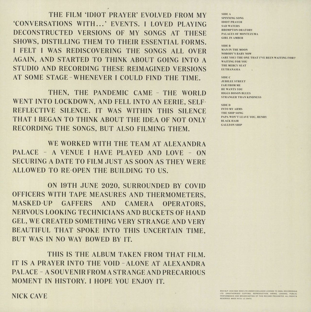 Nick Cave Idiot Prayer - Live Alone At Alexandra Palace UK 2-LP vinyl record set (Double LP Album) 5056167126249