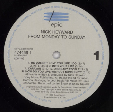 Nick Heyward From Monday To Sunday UK vinyl LP album (LP record) N-HLPFR836479