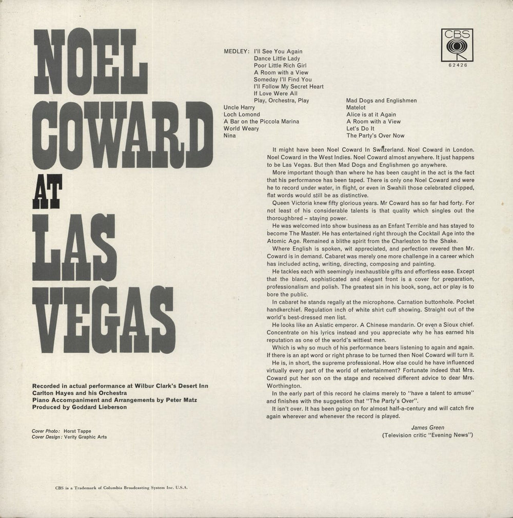 Noël Coward At Las Vegas UK vinyl LP album (LP record)