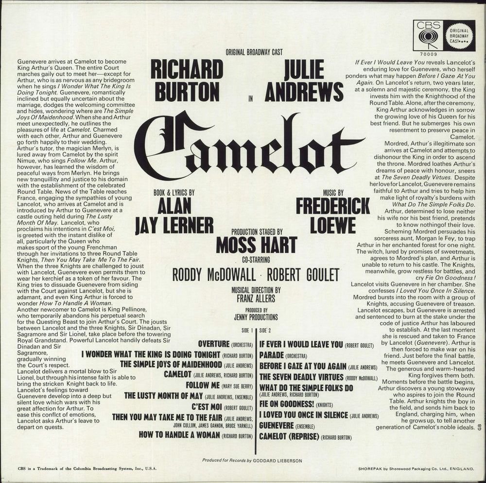 Original Cast Recording Camelot UK vinyl LP album (LP record)