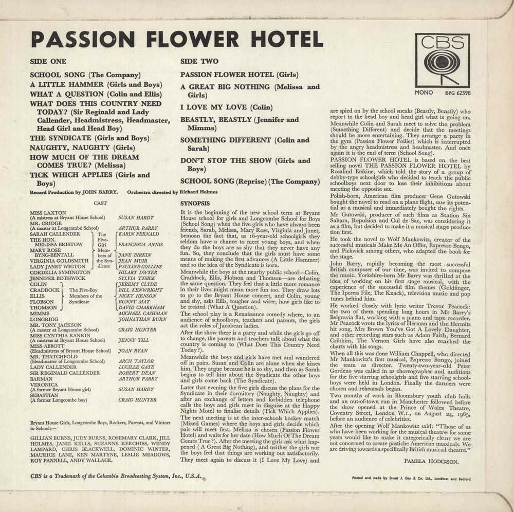 Original Cast Recording Passion Flower Hotel UK vinyl LP album (LP record)