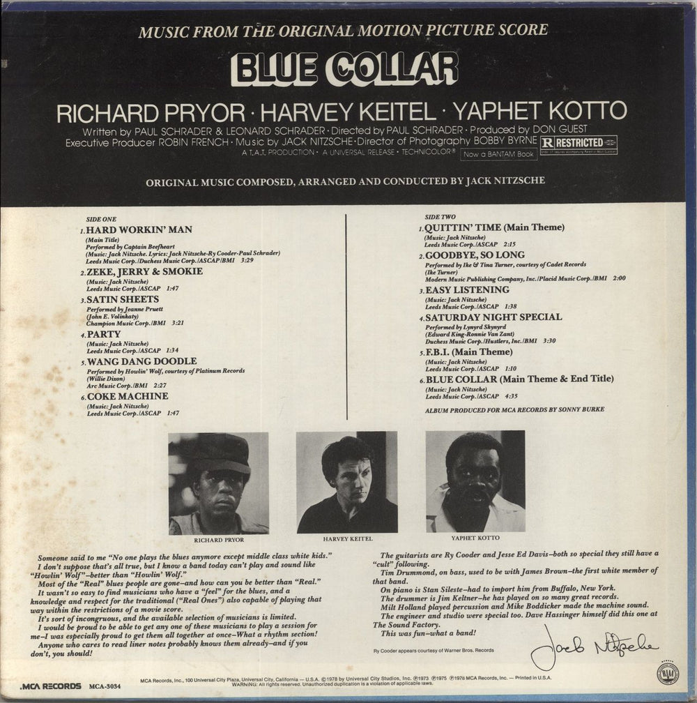 Original Soundtrack Blue Collar US vinyl LP album (LP record)