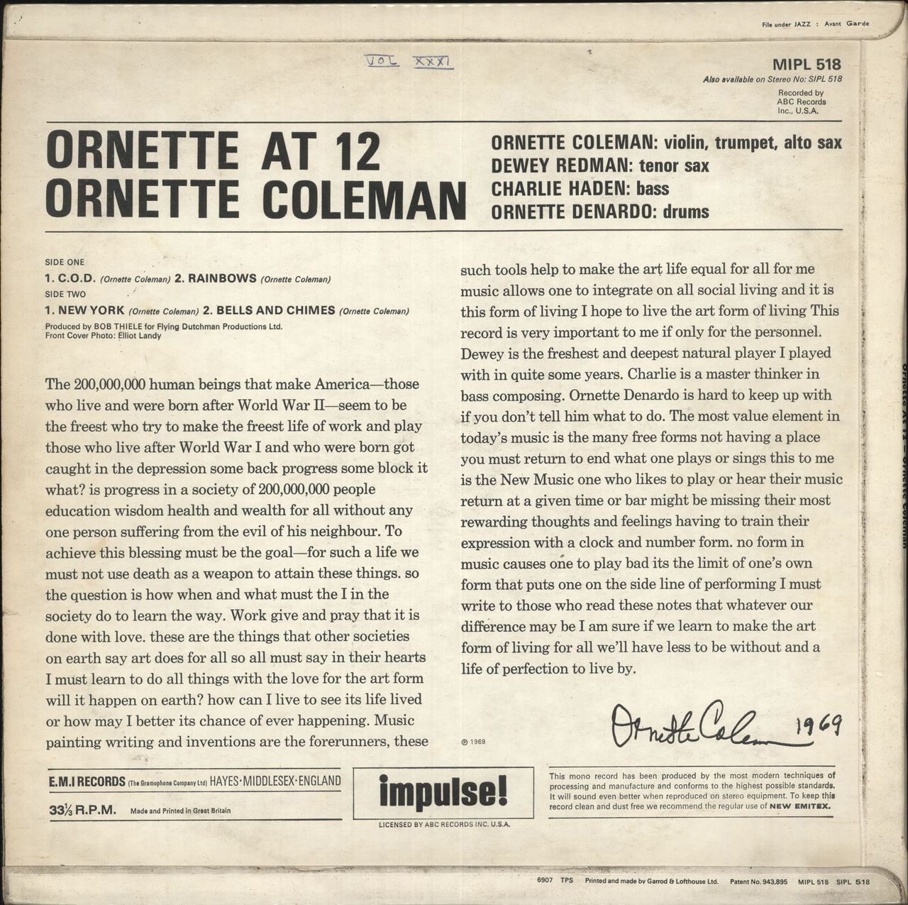 Ornette Coleman Ornette At 12 - EX UK Vinyl LP — RareVinyl.com