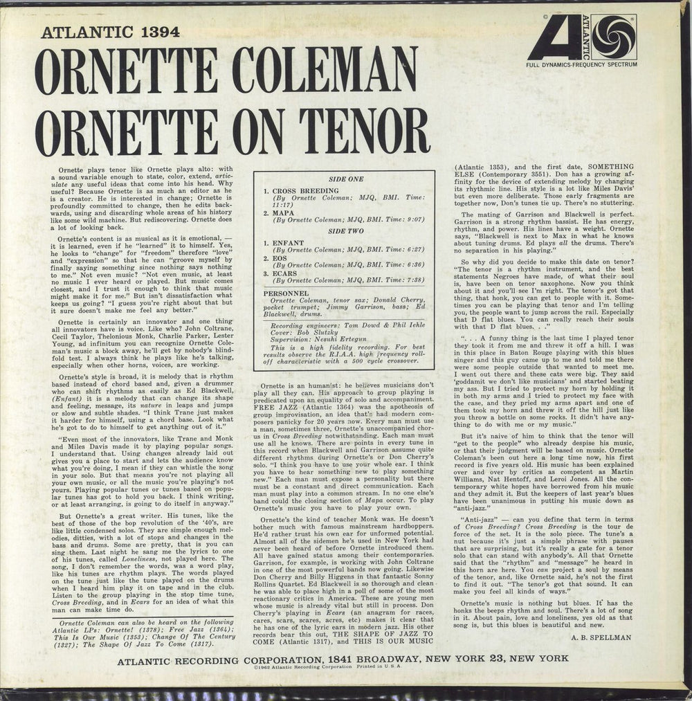 Ornette Coleman Ornette On Tenor US vinyl LP album (LP record)