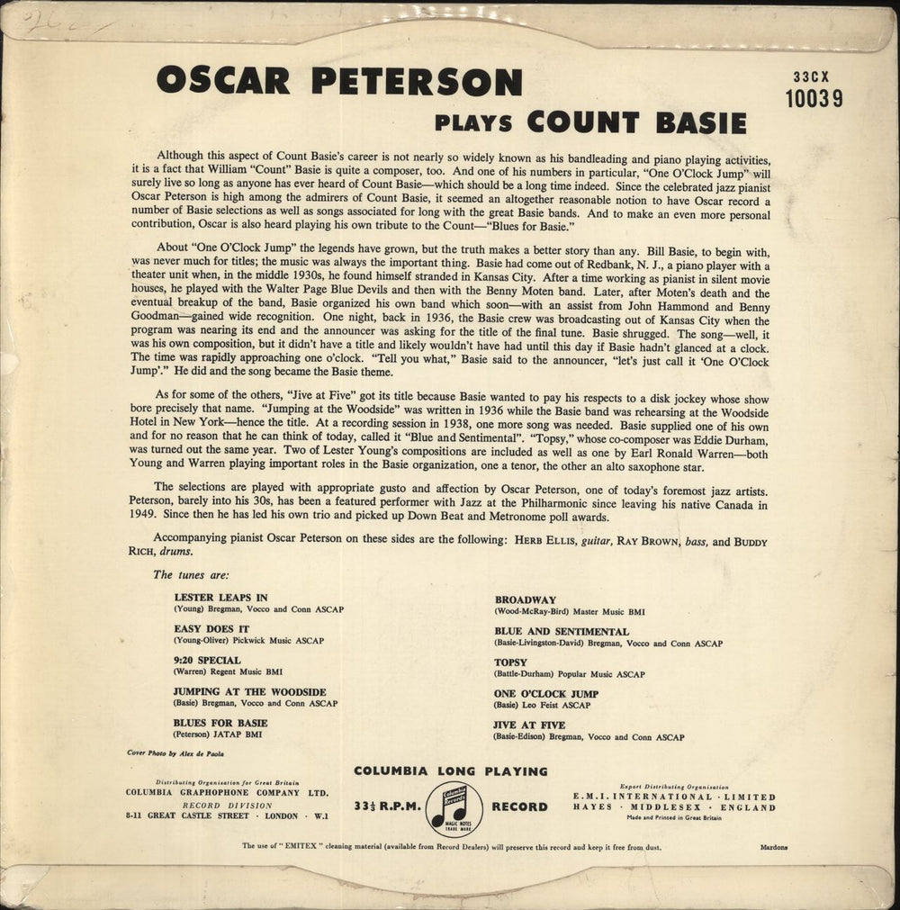 Oscar Peterson Plays Count Basie UK vinyl LP album (LP record)