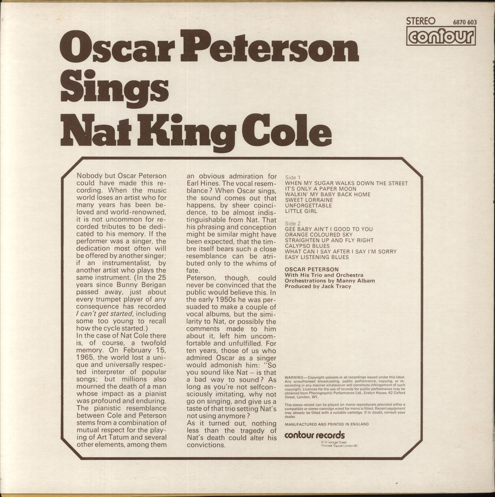 Oscar Peterson Sings Nat King Cole UK vinyl LP album (LP record)