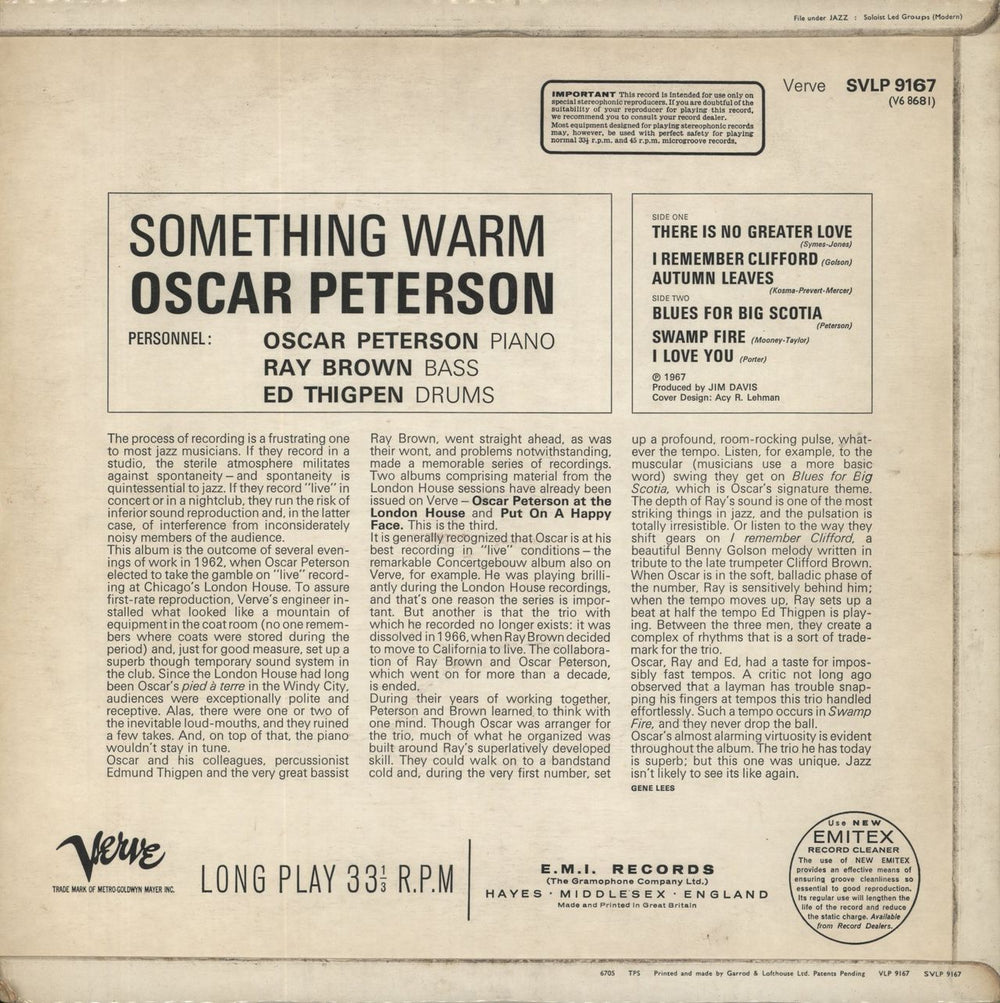 Oscar Peterson Something Warm UK vinyl LP album (LP record)