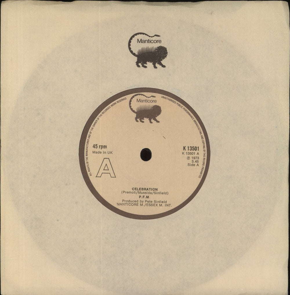 P.F.M. Celebration - solid UK 7" vinyl single (7 inch record / 45) K13501