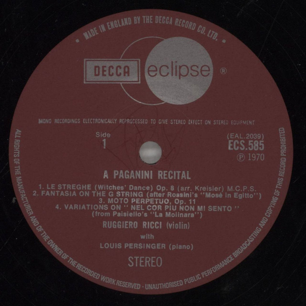 Paganini A Paganini Recital UK vinyl LP album (LP record) PZGLPAP857728