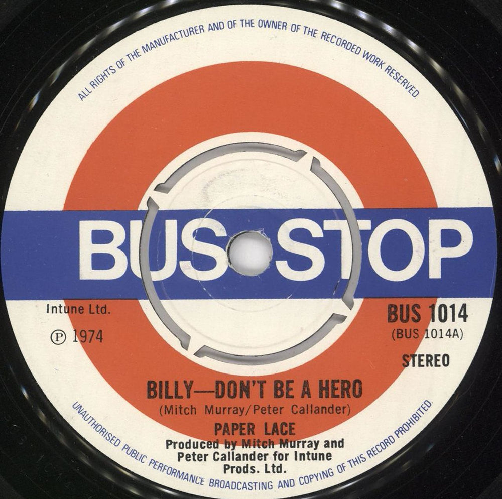 Paper Lace Billy Don't Be A Hero UK 7" vinyl single (7 inch record / 45) BUS1014