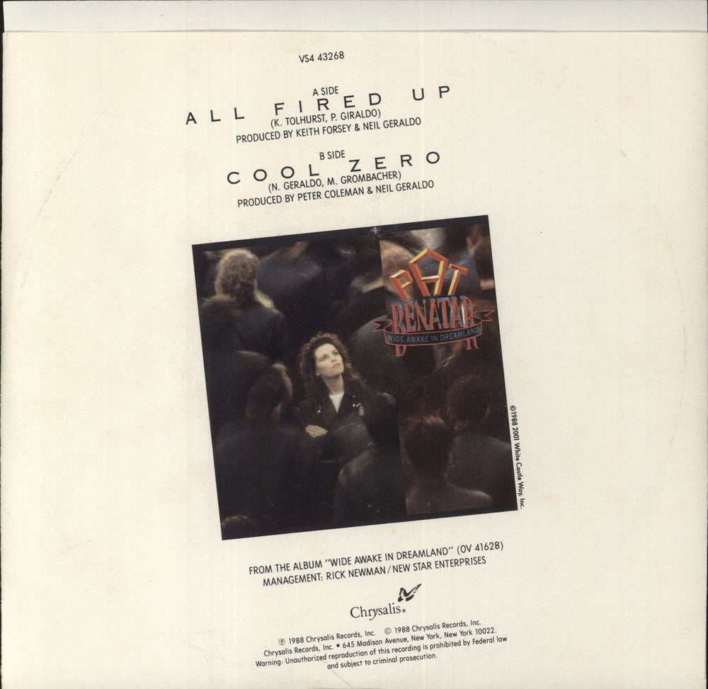 Pat Benatar All Fired Up US Promo 7" vinyl single (7 inch record / 45)