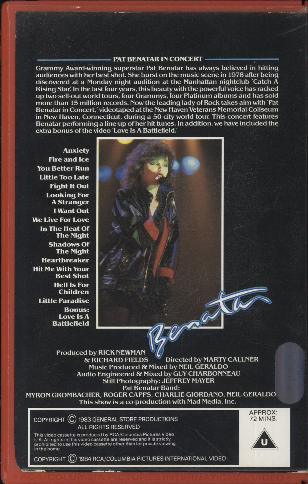 Pat Benatar Benatar UK video (VHS or PAL or NTSC)