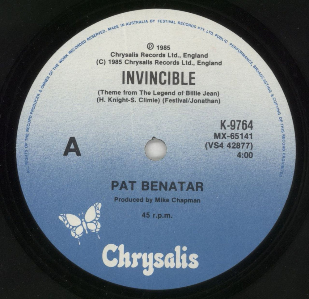 Pat Benatar Invincible Australian 7" vinyl single (7 inch record / 45) BEN07IN850511