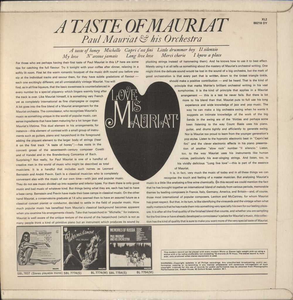 Paul Mauriat A Taste Of Mauriat UK vinyl LP album (LP record)