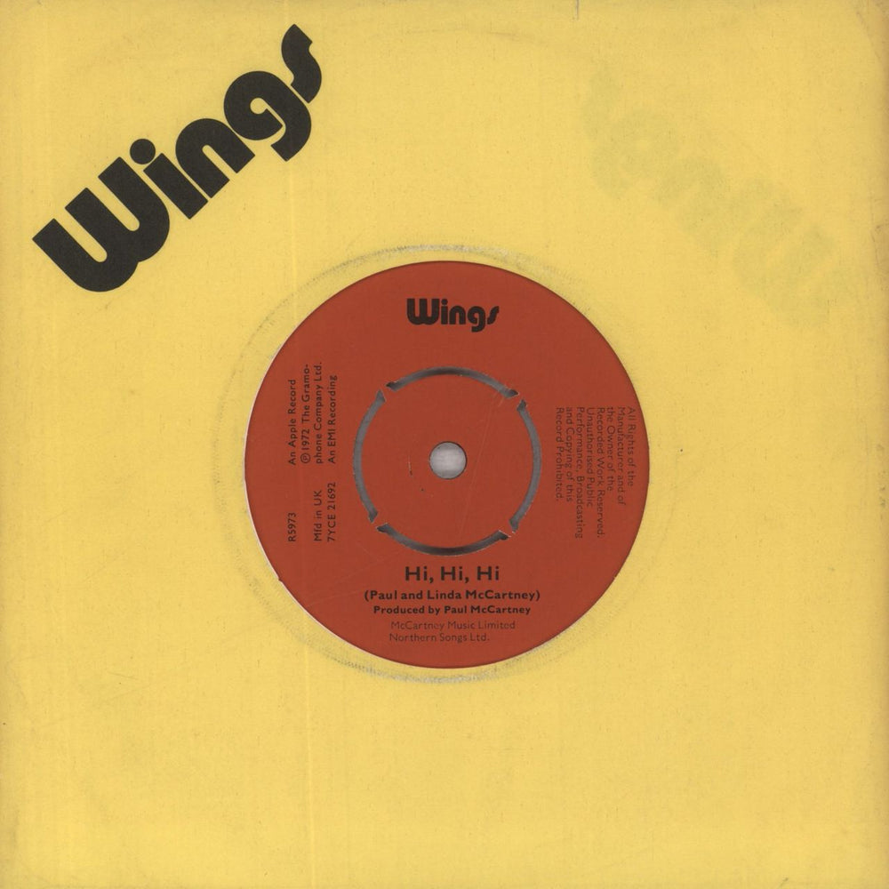 Paul McCartney and Wings Hi, Hi, Hi - 1st - 4pr - Wings Sleeve UK 7" vinyl single (7 inch record / 45) R5973