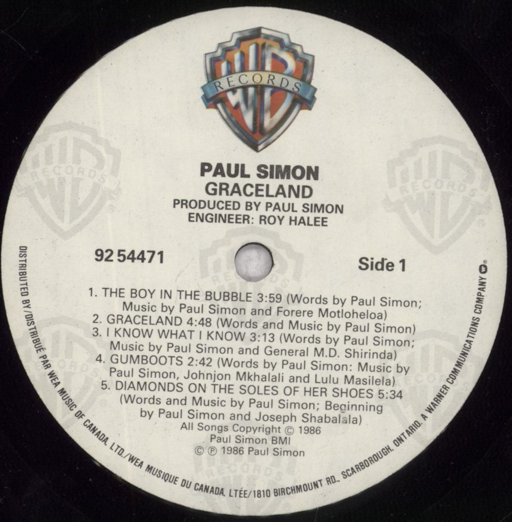 Paul Simon Graceland Canadian vinyl LP album (LP record) PSILPGR846615