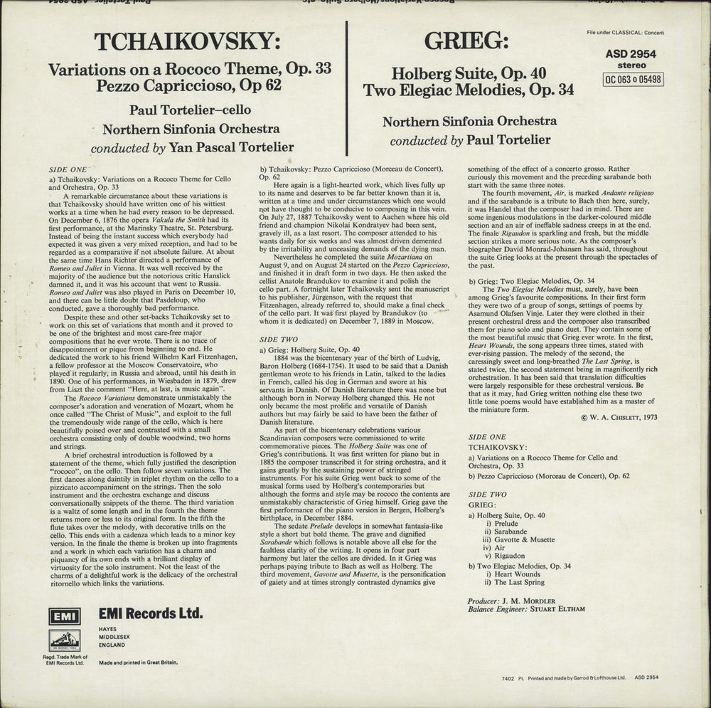 Paul Tortelier Tchaikovsky: Rococo Variations / Greig: Holberg Suite & Two Elegiac Melodies UK vinyl LP album (LP record)