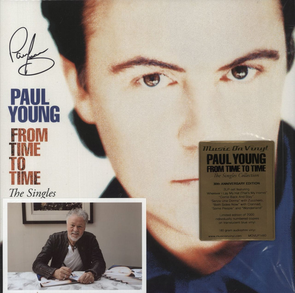 Paul Young From Time To Time: The Singles Collection - Blue Vinyl - Autographed UK 2-LP vinyl record set (Double LP Album) MOVLP1480