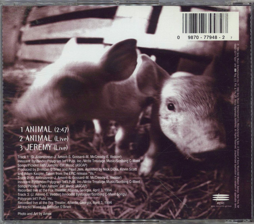 Pearl Jam Animal - Stickered US CD single (CD5 / 5") 098707794827