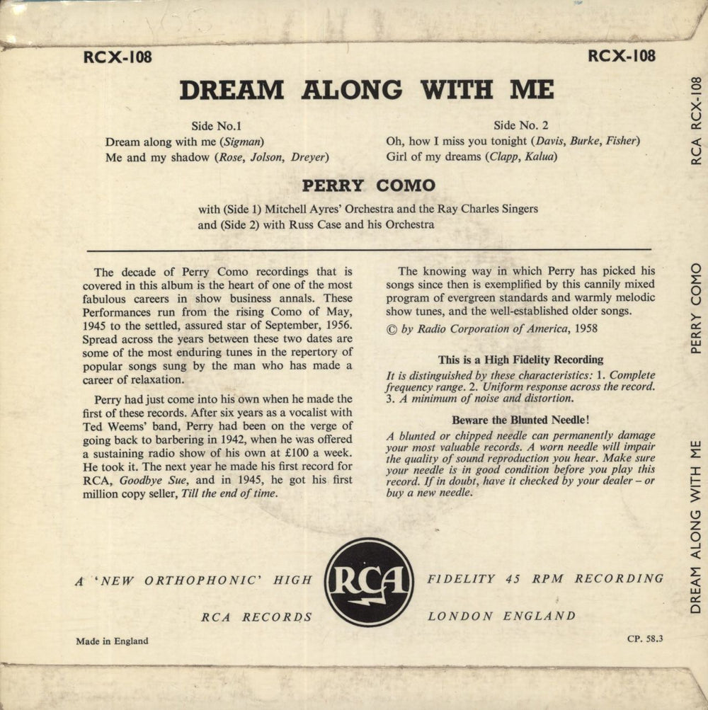 Perry Como Dream Along With Me UK 7" vinyl single (7 inch record / 45)