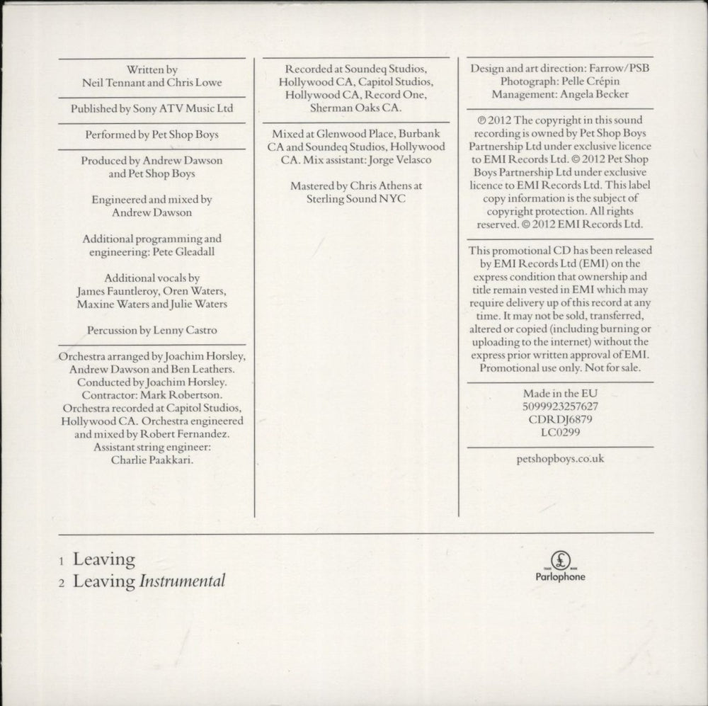 Pet Shop Boys Leaving - 2-Track UK Promo CD single (CD5 / 5")
